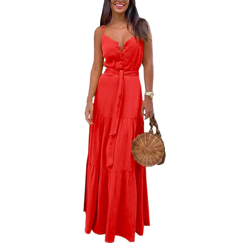 Summer Spaghetti Strap Backless V Neck Sundress For Women