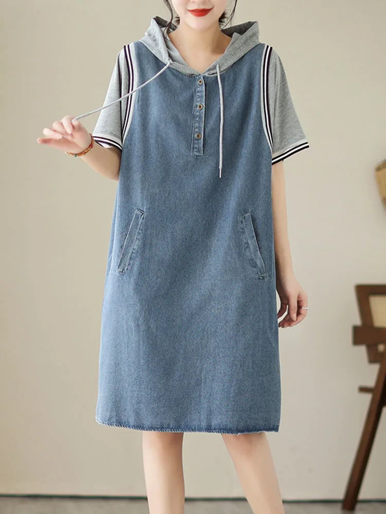 Denim Mini Dress Women Loose Elegant Vintage Casual