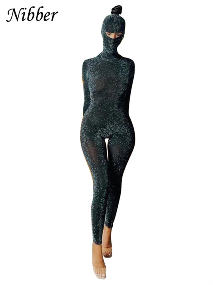 Nibber Glitter Silk Two Piece Playsuit Set for Women Sexy Backless Long Sleeve Jumpsuits Club Party Wear One Piece Outfit