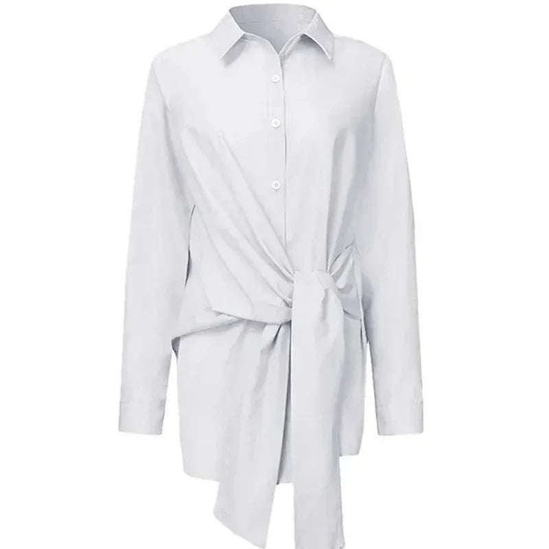 Ruched Long Sleeve Blouse for Women Lace-Up Casual Loose Fit Shirt with Turn-Down Collar Solid Color Elegant Top