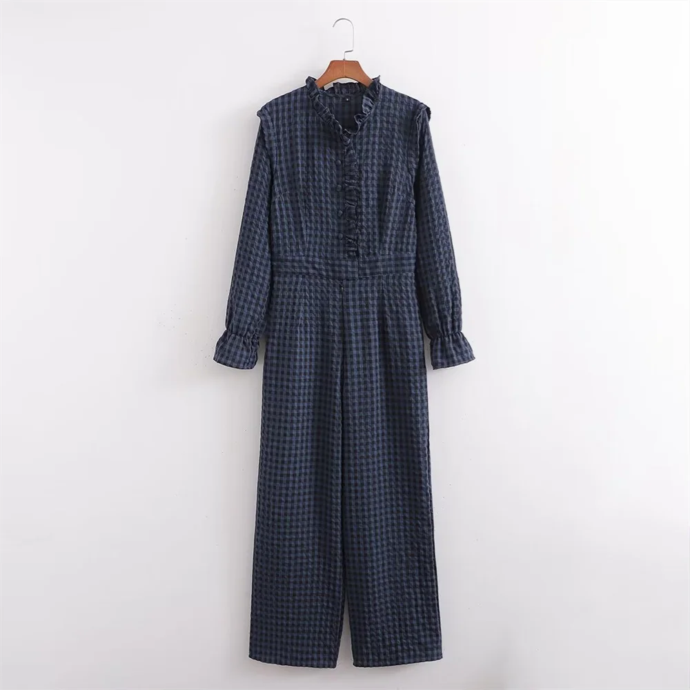 Women's Casual Plaid Bubble Sleeve Long Jumpsuit Versatile Fashionable Temperament Fit