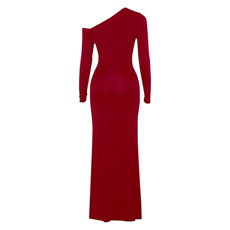 One Shoulder Red Dress Knit For Women Autumn Winter Fashion
