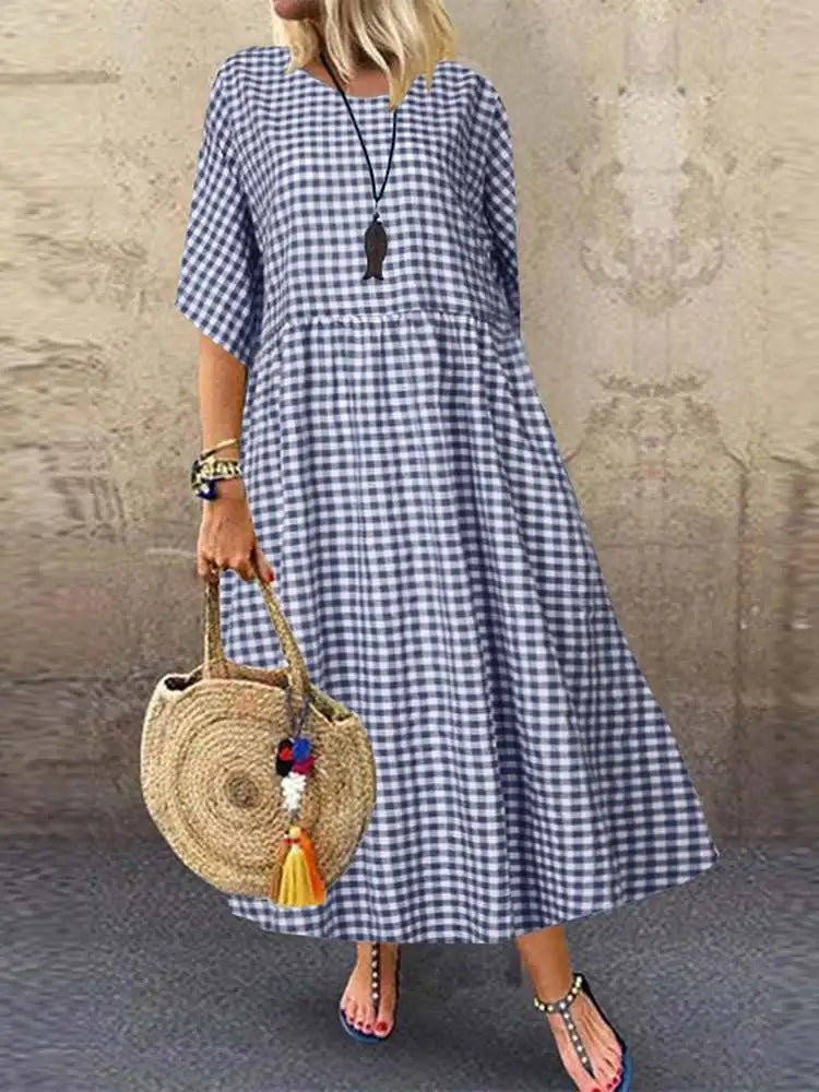 Bohemian Maxi Dress for Women Plaid Print Loose A Line