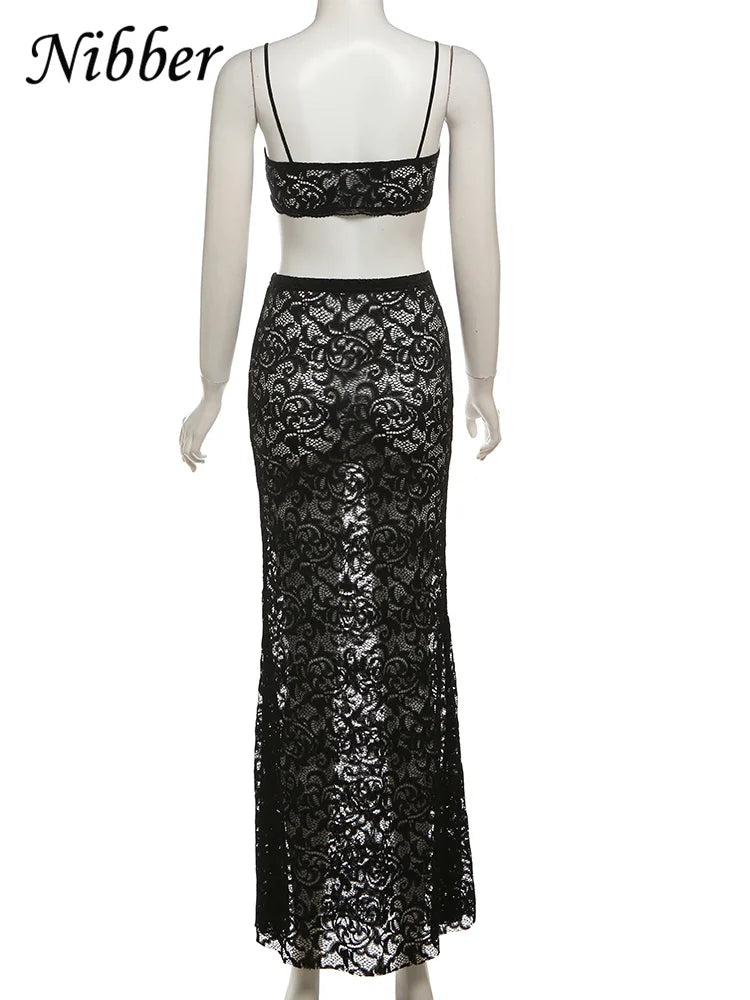 Sexy Mesh Two Piece Set for Women Hipster Mini Camisole and Stretch Skirt Nightclub Party Outfit