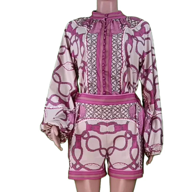 Elegant Two-Piece Women's Set Featuring Stand Collar Long Sleeve Blouse and High-Waist Elastic Shorts Casual Chic Lounge Wear