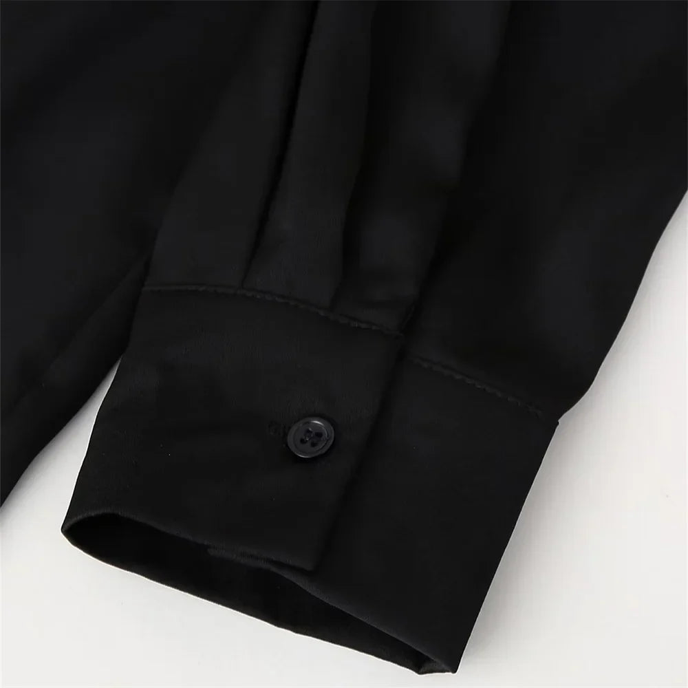 Women's Satin Texture Sequin Embroidered Shirt and High Waist Long Pants Set