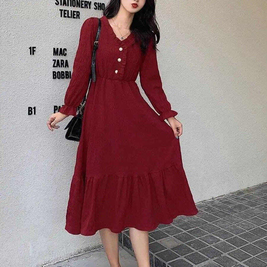 Plus Size Midi Dress Button Front Retro Long Sleeve