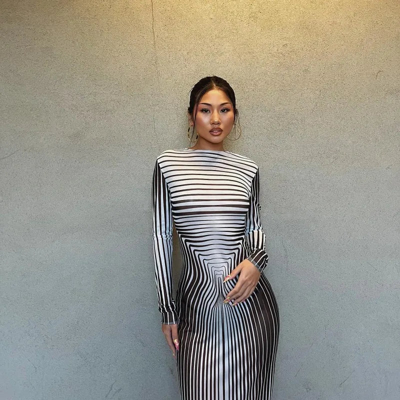 Autumn O Collar Long Sleeve Striped Evening Party Dress