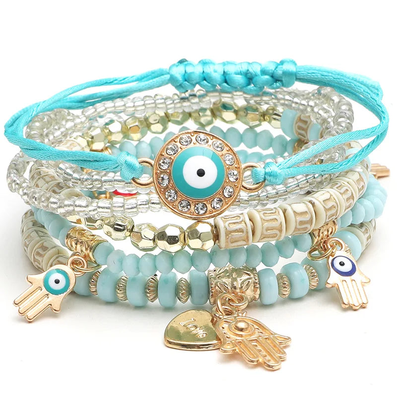 6 Pieces Bohemian Evil Eye Bracelet Set with Fatima Hand Heart Charm Beaded Rope Chain Bangles for Women