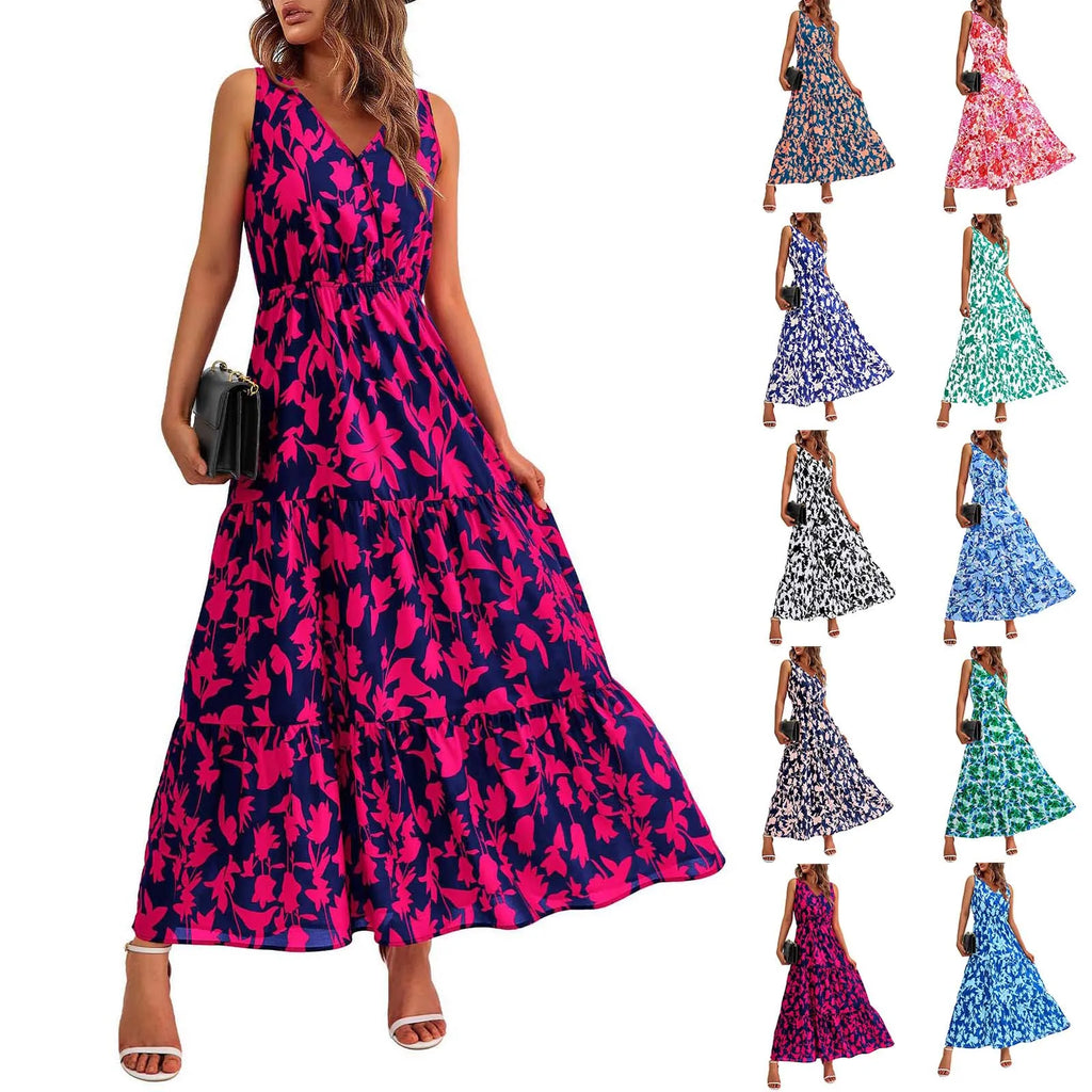 Floral Summer Dress With V Neck Suspender Flowing Fit