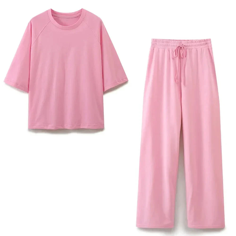 Women's Solid Casual Trouser Set with Short Sleeve T-Shirt and Elastic Waist Wide Leg Pants