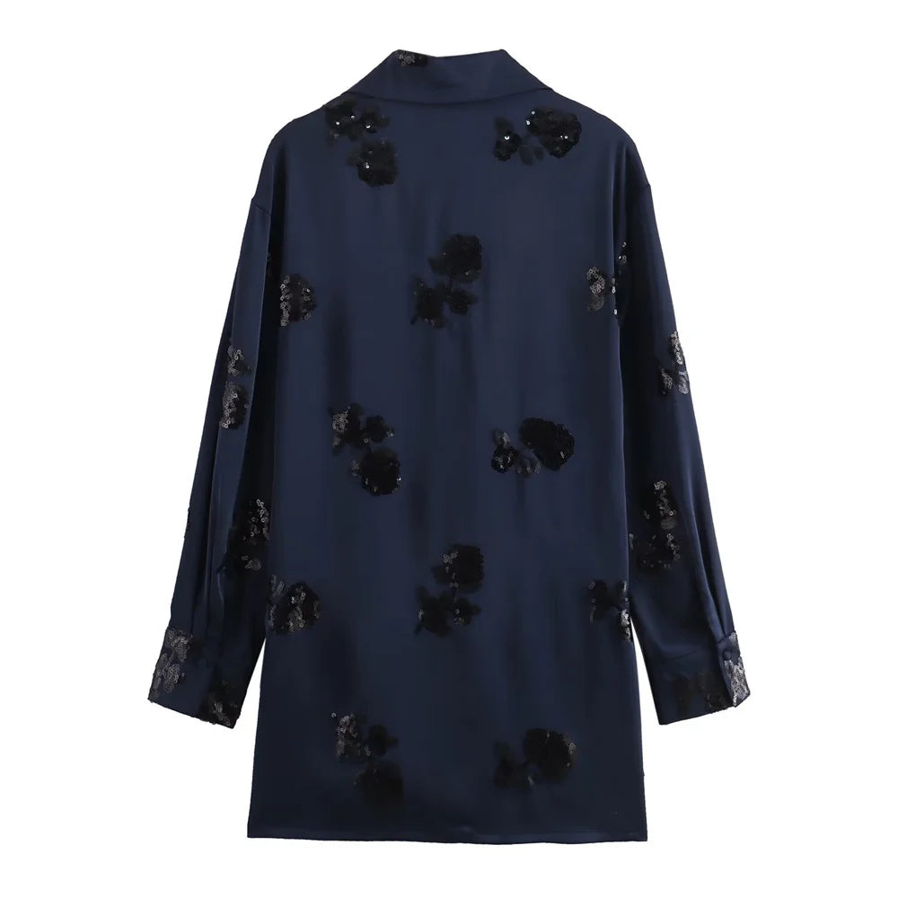 Elegant Women's Satin Kimono Coat with Sequin Lace-Up Detail and Beaded Silk Texture Pants Set