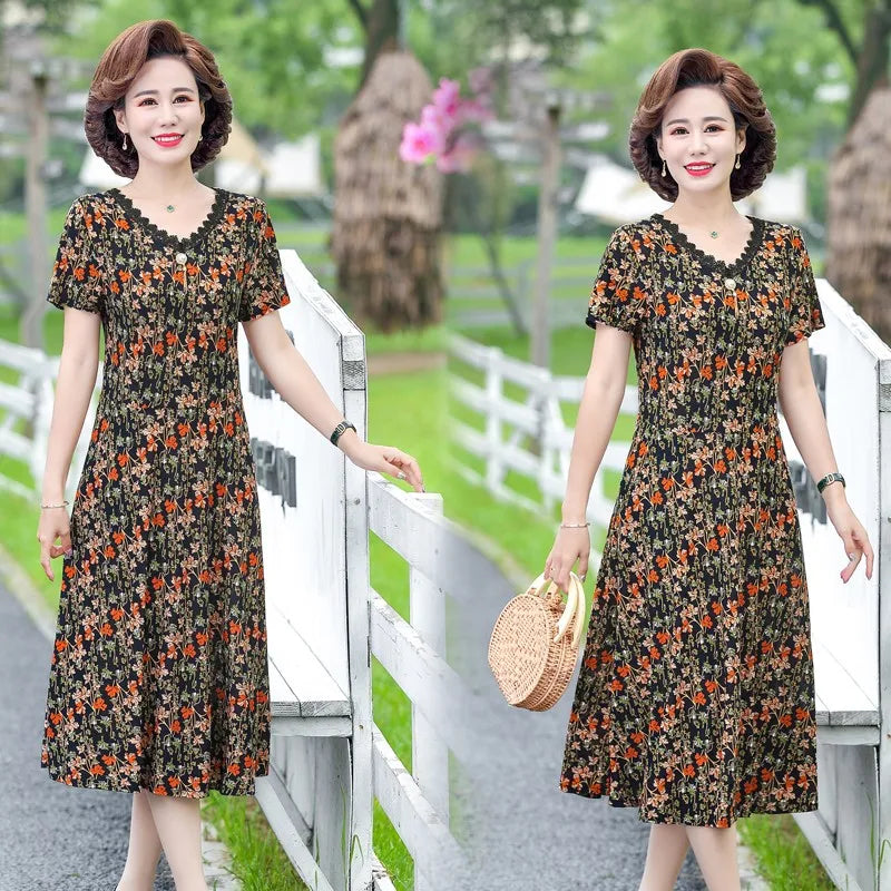 Bohemian Summer Dress With V Neck Print Vintage Midi