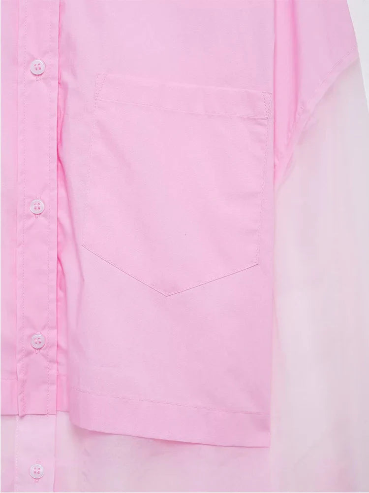 Women's Patchwork Translucent Blouse with Lace-Up Detail Casual Lapel Single-Breasted Long Loose Top for Spring and Summer