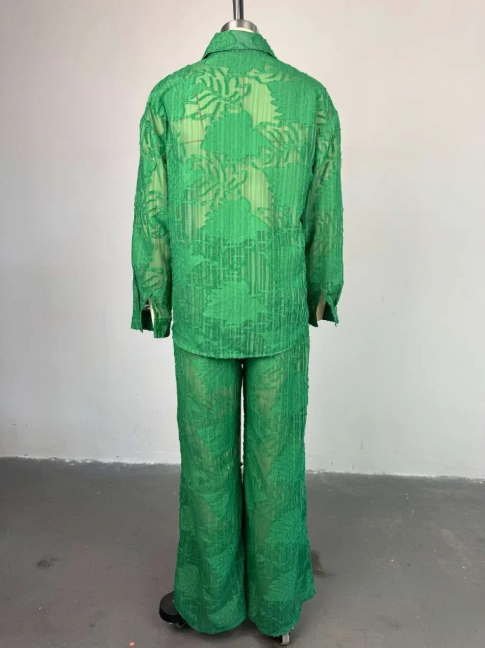 Women's Summer Pant Sets with Turned-down Collar Long-sleeve Shirt and High-waist Straight-leg Pants Two-piece Outfit