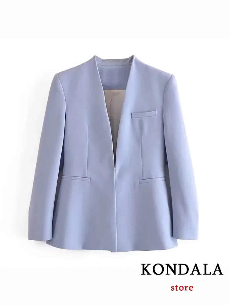 Light Blue Blazer Suit Set for Women with V Neck Loose Jacket and High Waist Sashed Pants Fashionable Autumn Outfit