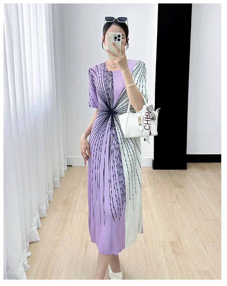 Women Pleated Dress Black White Print O Neck Short Sleeve