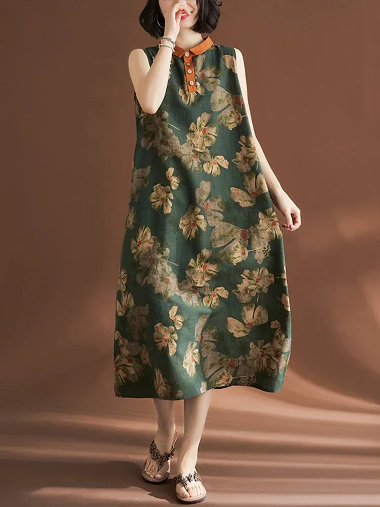 Printed Linen Sleeveless Dress for Women Summer Casual