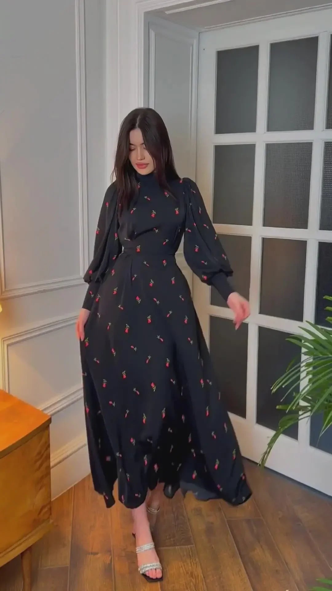 Black Print Dress For Women O Neck Long Sleeve Lace Up