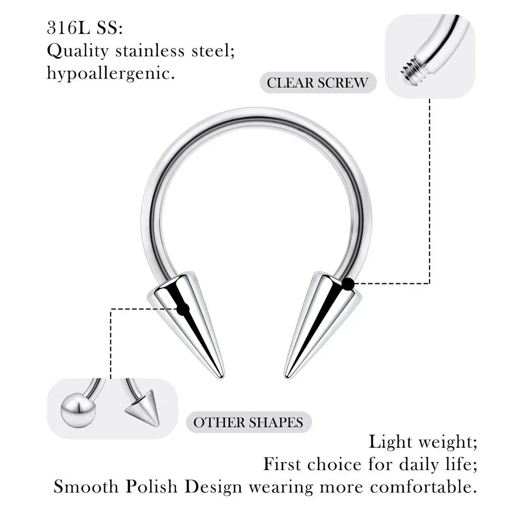 Spike Septum Ring 16G Surgical Steel Piercing Jewelry Vertical Snake Bite Lip Ring for Men and Women 8mm or 10mm