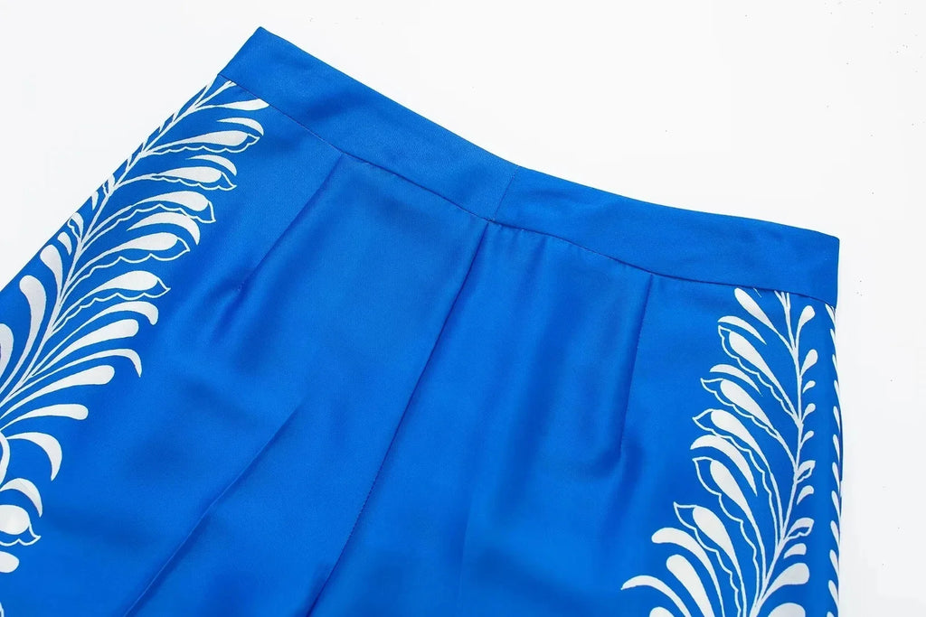 Women's Vintage Printed Casual Set with Long Sleeve Blouse and Straight Leg Pants