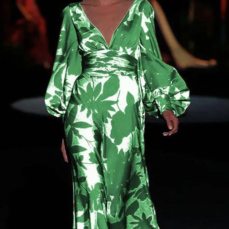Printed Womens V Neck Lantern Sleeve Long Evening Dress