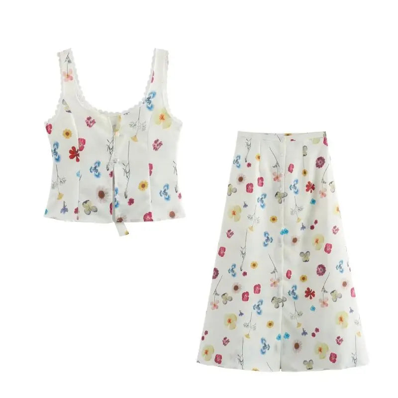 Women's Square Collar Lace-Up Slim Fit Top and Single Breasted A-Line Midi Skirt Two-Piece Set with Feminine Print