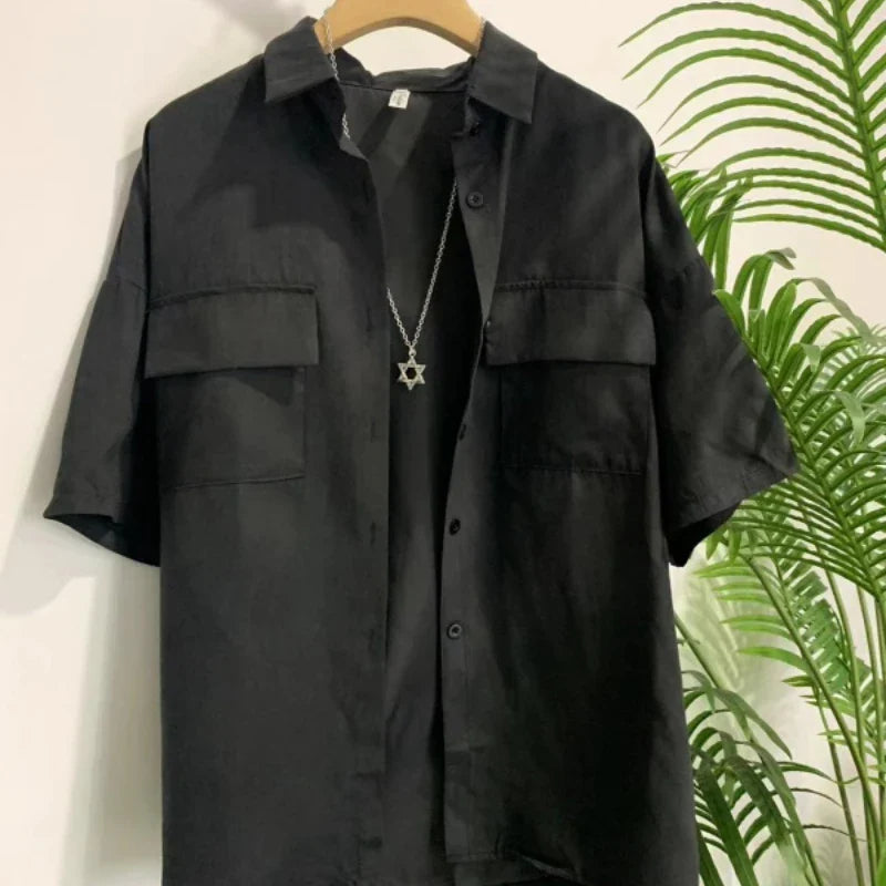 Women's Black Blouse with Necklace Decoration Summer Shirt Loose Fit Short Sleeve Pocket Design Preppy Collar Stylish Blusas