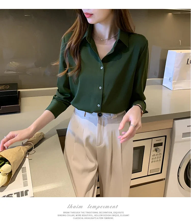 Elegant Satin Long Sleeve Blouse for Women Casual Office Shirt Solid White Basic Top