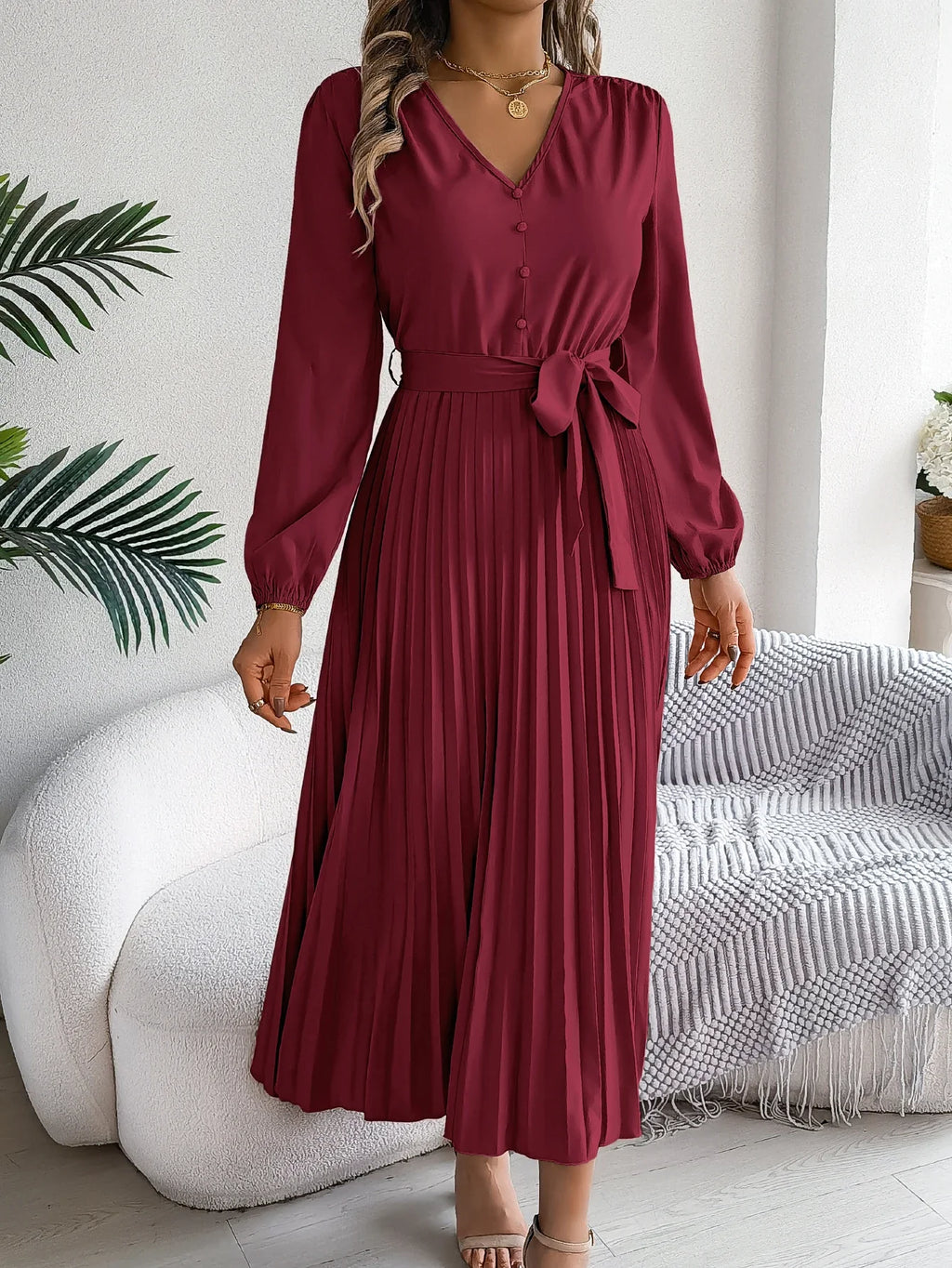 Elegant Autumn V Neck Belted Pleated Long Sleeve Dress