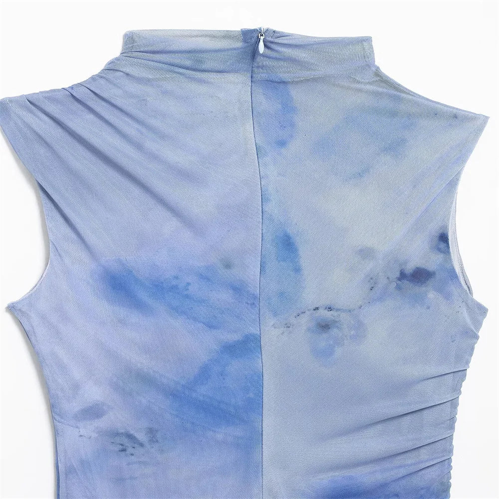 Slimming Printed Sleeveless Dress With Stand Up Collar