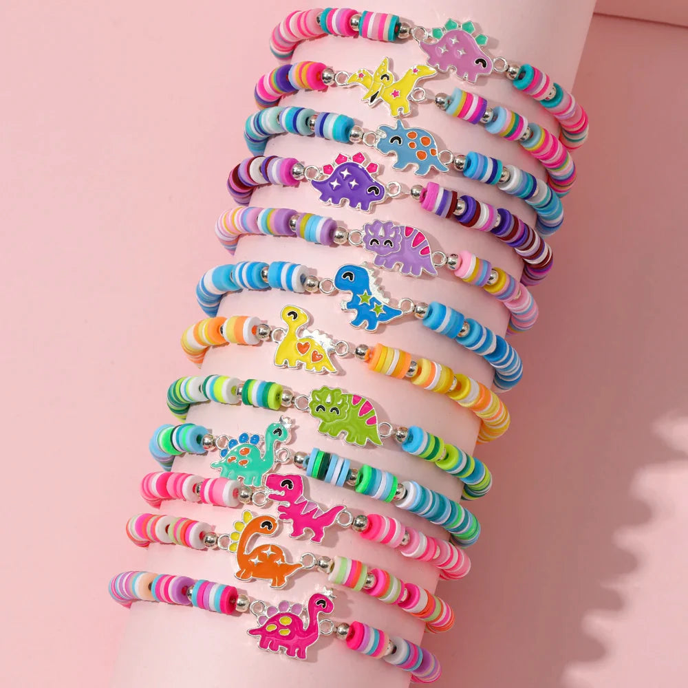 12Pcs Unicorn Cat Flower Charm Elastic Beaded Bracelets for Girls Birthday Party Jewelry Friendship Gift