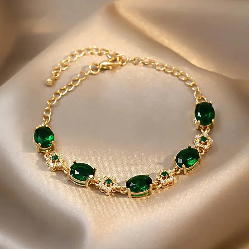 Luxury Green Rhinestone Crystal Bracelet for Women with Gold Color Link Chain - Vintage Geometric Design for Party Wedding or Bridal Jewelry Gifts