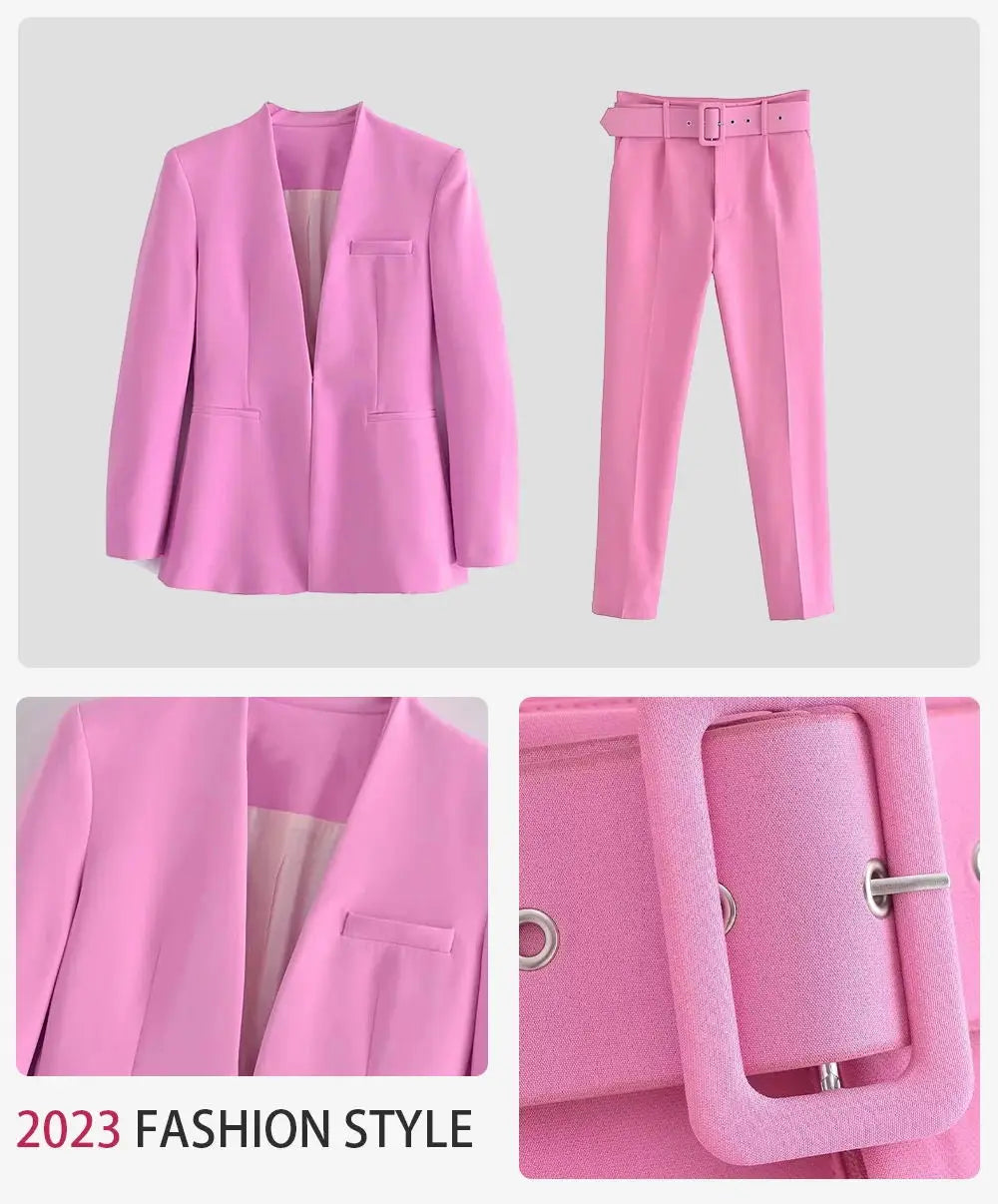 Women's Solid Color Office Suit Coat and High Waist Ankle-Length Pants Set