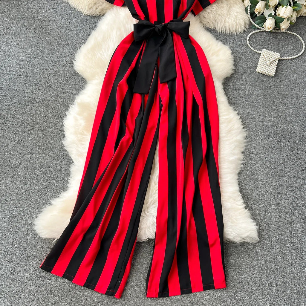 Sleeveless V Neck Stripe Jumpsuit for Women with Lace Up Bow Detail Summer Long Romper High Street Korean Inspired Style
