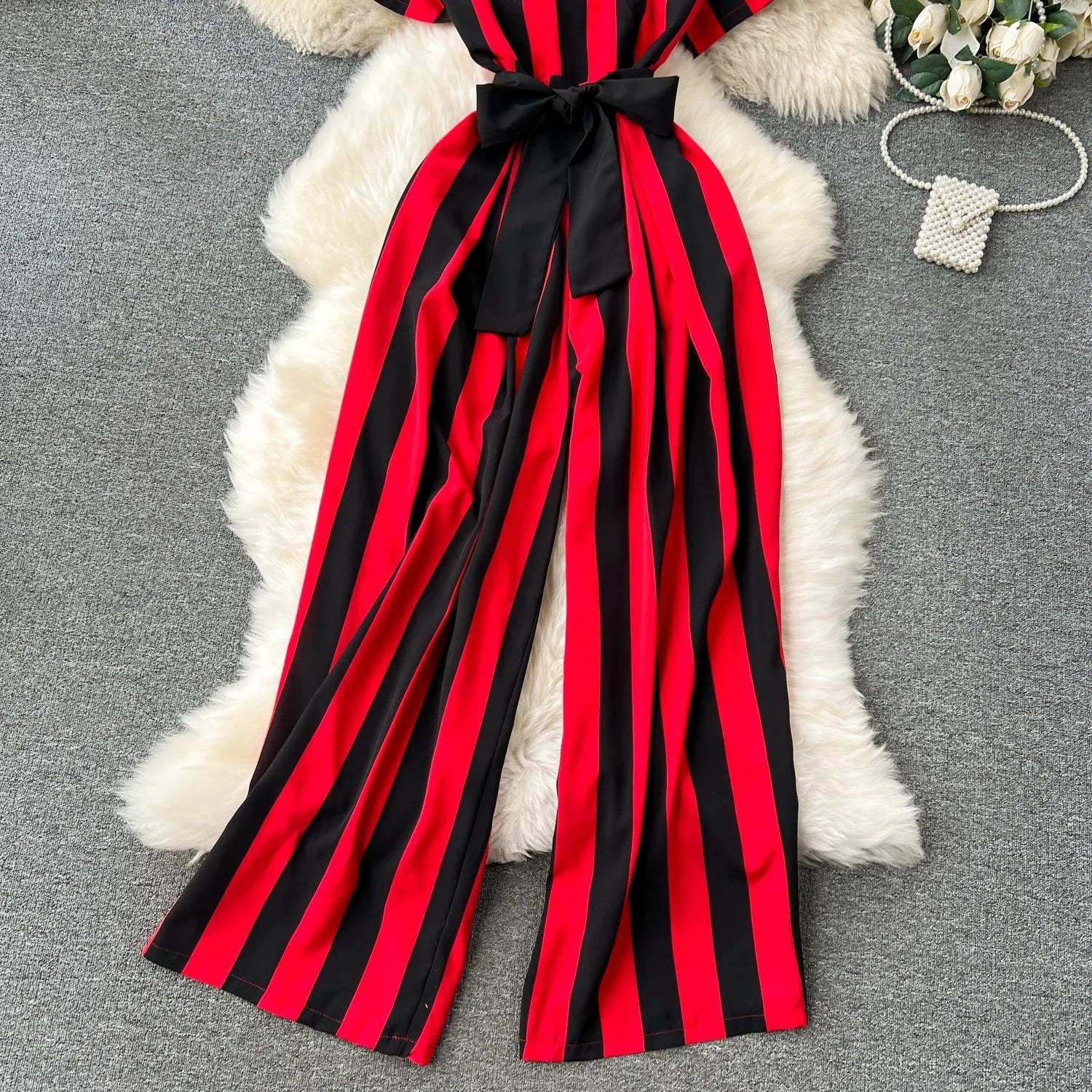 Sleeveless V Neck Stripe Jumpsuit for Women with Lace Up Bow Detail Summer Long Romper High Street Korean Inspired Style