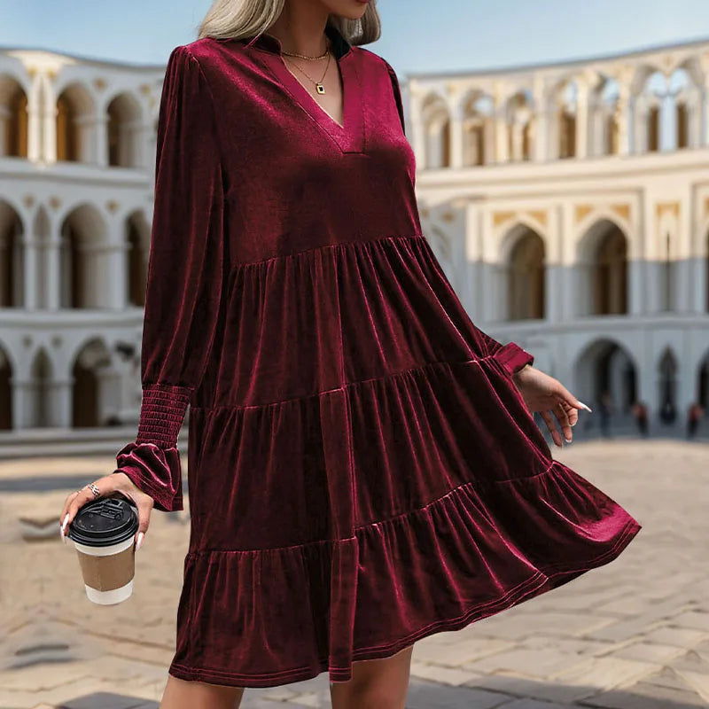 Velvet V Neck Ruffle Dress for Women Autumn Elegance