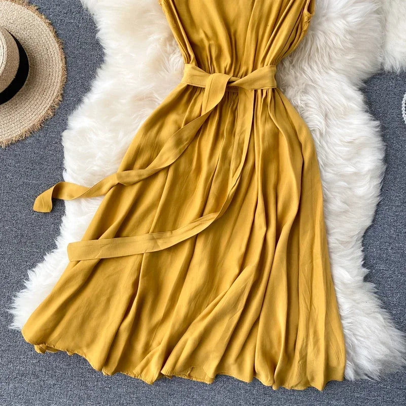 Sleeveless Summer Dress Solid Colors Green Blue Yellow Casual