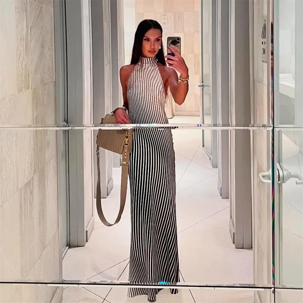 Women Gradient Stripe Dress Hanging Neck Slim Fit Summer