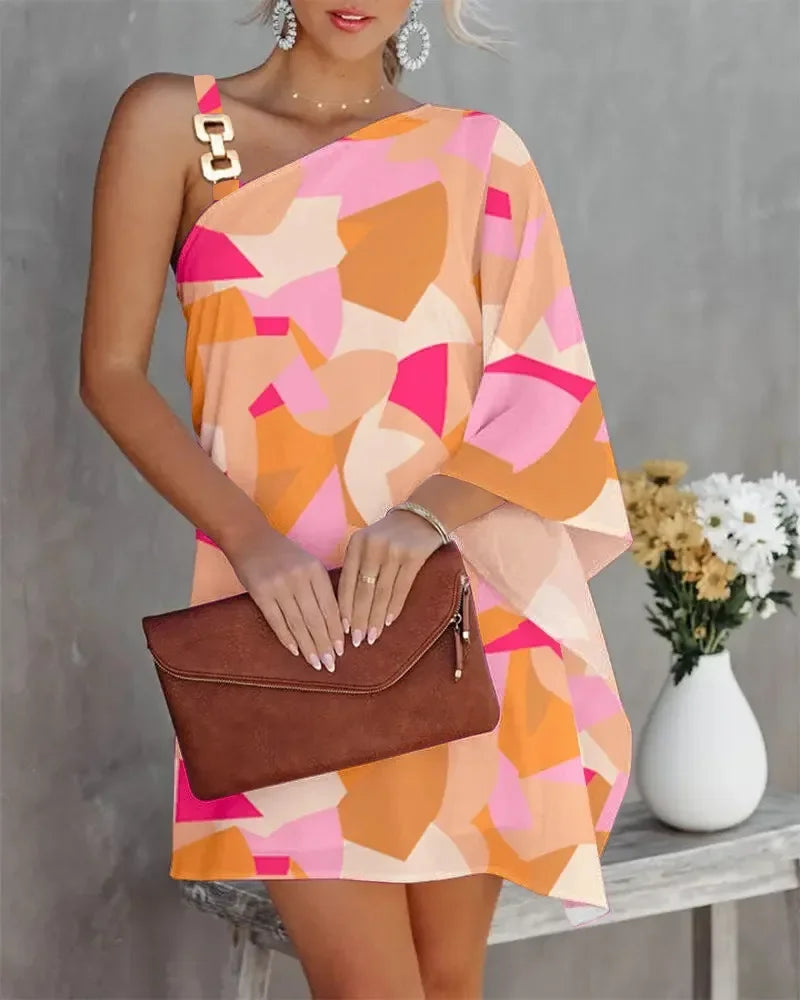 Summer Off Shoulder Dress With Printed Diagonal Neck Bat Sleeve