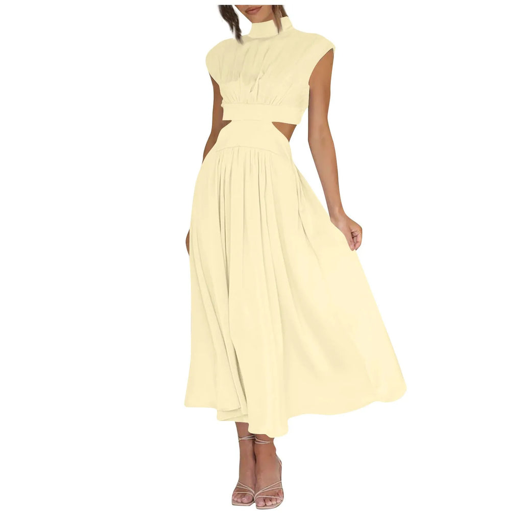 Solid Color High Waist Maxi Dress Sleeveless With Pockets