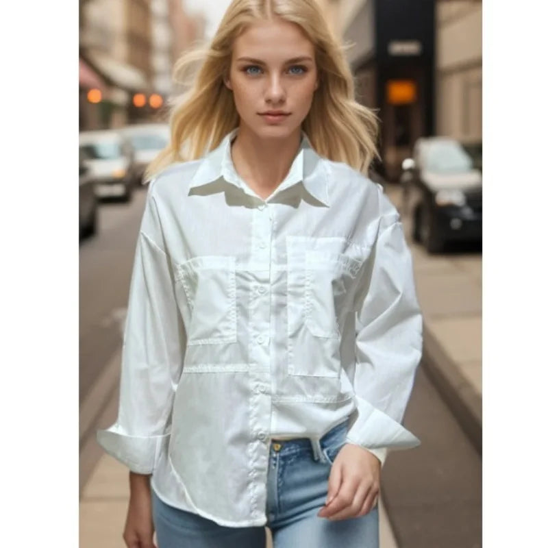Cotton White Women's Loose Fit Shirt Casual Long Sleeve Blouse Elegant Office Top Comfortable Autumn Wear