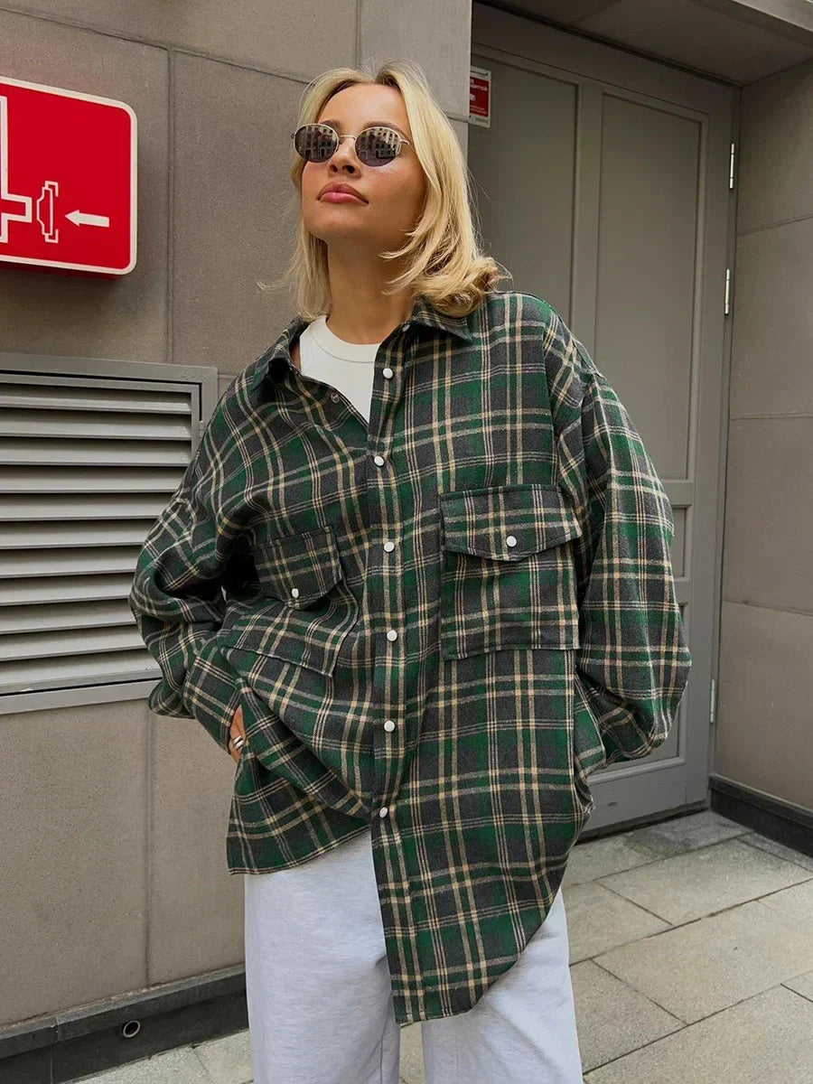 Vintage Loose Plaid Women's Shirt with Fashion Lapel Long Sleeve Office Blouse Top for Ladies