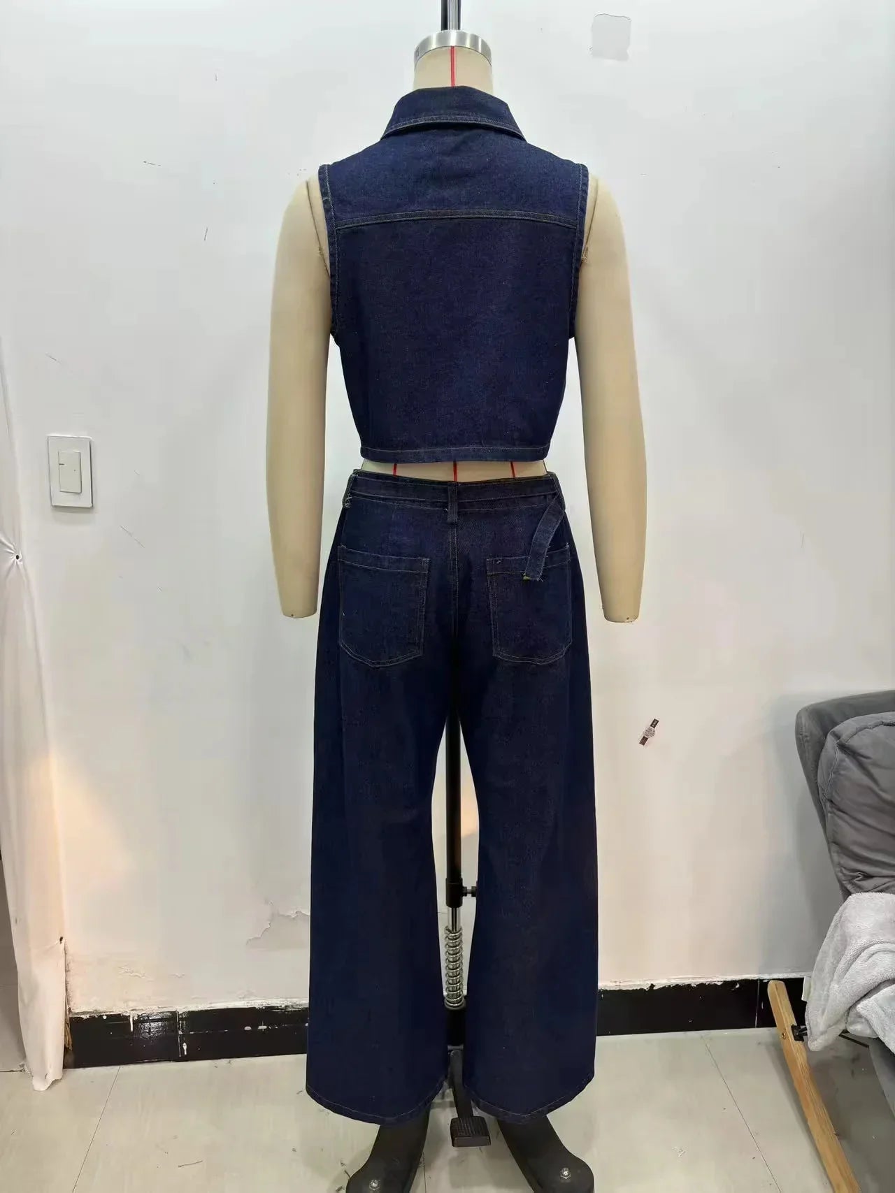 Chic Vintage Denim Women Suit Set Sleeveless Single Breasted Vest with Stylish Sash and Flare Pants Spring Summer Streetwear