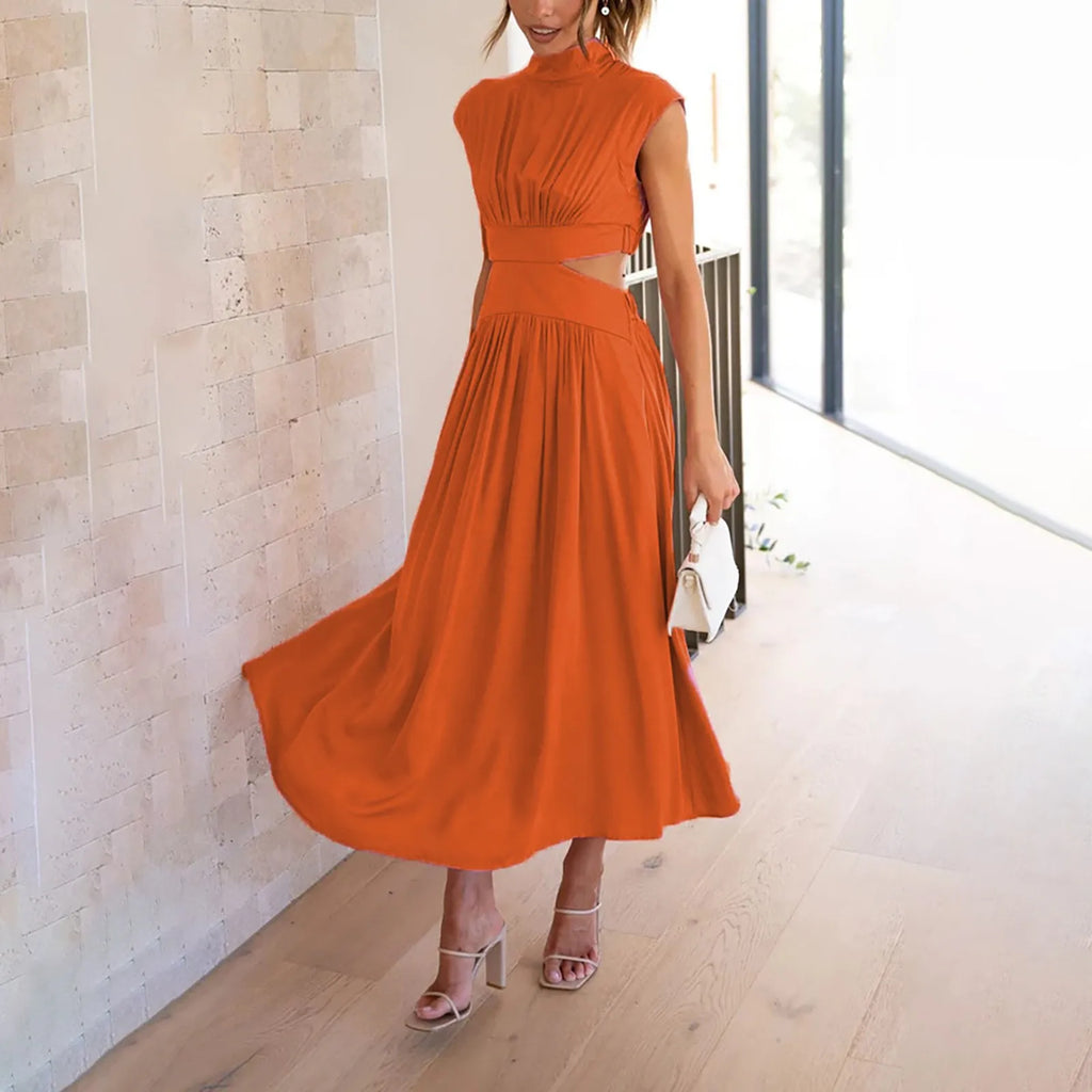 Solid Color High Waist Maxi Dress Sleeveless With Pockets