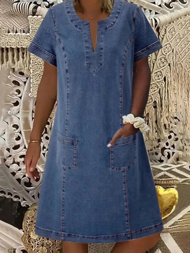 Denim Dress For Women Summer V Neck A Line Short Sleeves
