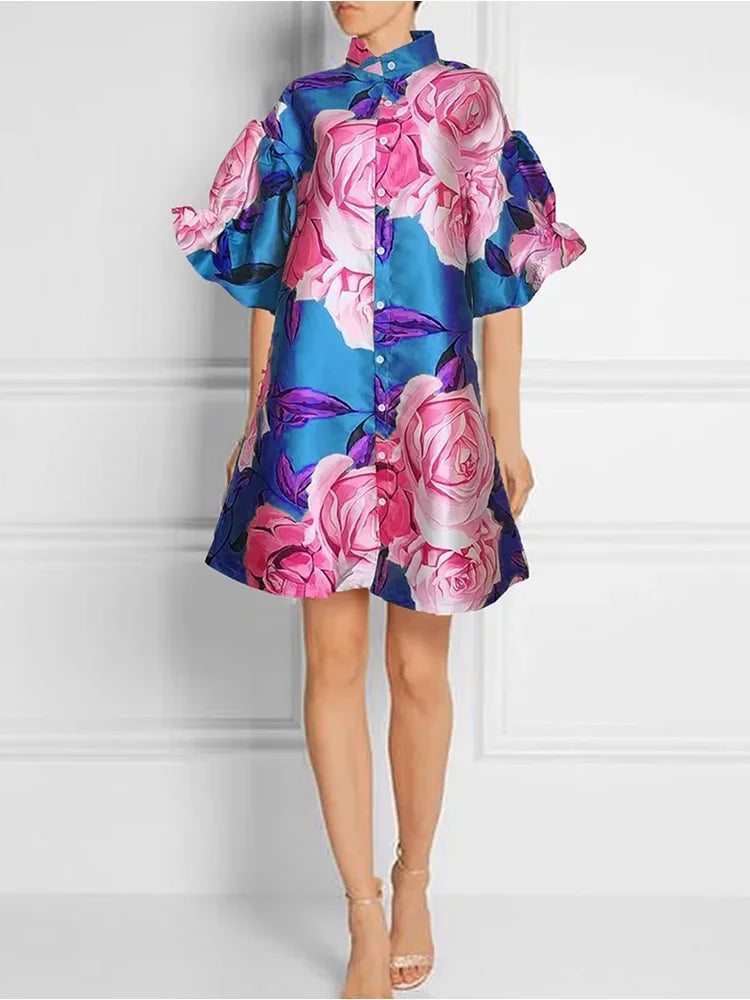 Floral Print Puff Sleeve Mini Dress With High Neck