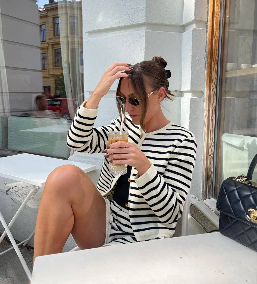 Autumn Striped Single Breasted Knit Cardigan and Shorts Two Piece Set for Women Elegant Sweater Top and Matching Bottoms Stylish Streetwear Outfit