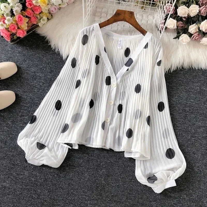 Polka Dot Casual V-Neck Chiffon Blouse with Single Breasted Button and Lantern Sleeve Folds Lightweight Women's Top