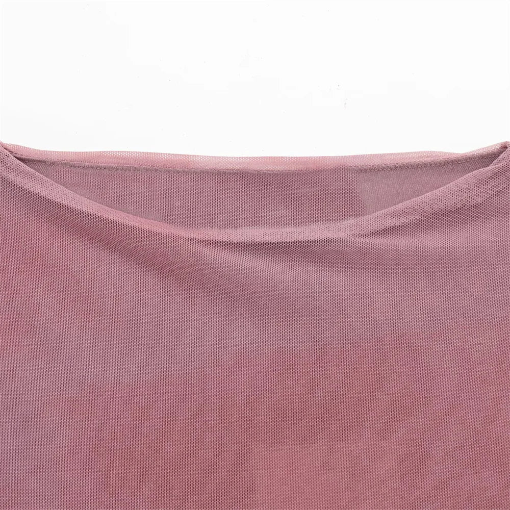 Pleated Silk Mesh Dress With Round Neck For Spring Summer